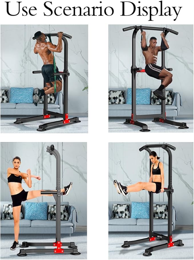 Power Tower Dip Station Pull Up Bar - Multi-Purpose Home Gym Equipment with Adjustable Height and Non-Slip Foot Pads - 150kgs Capacity
