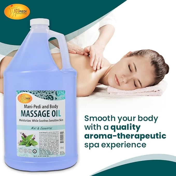 SPA REDI - Massage Oil, Mint Eucalyptus, 128 Oz - Professional Pedicure, Manicure, Body Massage Therapy, Made with Almond Oil, Cotton Seed Oil, Sunflower Oil, Avocado Oil, Essential Oils, Vitamin E