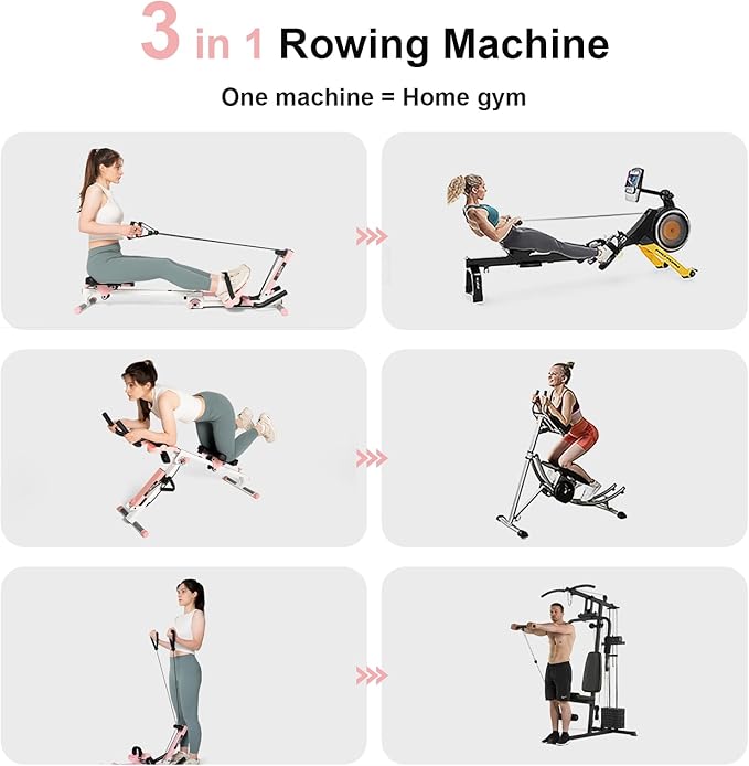 Tousains 3 in 1 Foldable Rowing Machine, AB Machine with 3 Level Angle & Led Monitor, Multi-Functional Rower Fitness Equipment Home Gym Full Body Fitness Machine