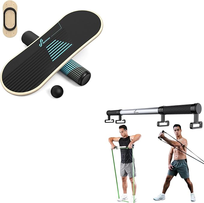 Sportneer Balance Board - 7 Modes Surf Balance Board Trainer with Adjustable Stoppers with Resistance Band Bar, Sportneer Detachable Workout Exercise Bar Handles for All Kinds Resistance Bands