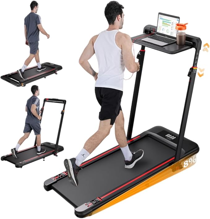 Walking Pad Treadmill with Desk Workstation, 3.0HP Under Desk Treadmills with 8% Incline Handle Bar, Foldable Portable Treadmill for Home Office, 300lbs Capacity, Remote Control, APP