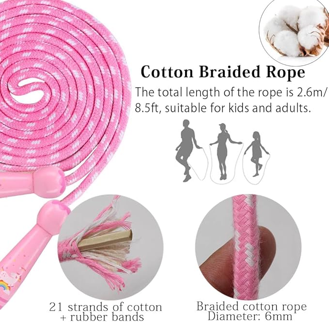 Jump Rope for Kids, Adjustable Toddler Jump Rope with Wooden Handle and Cotton Rope, Cute Skipping Rope for Boys and Girls Fitness Workout Exercise 8.5 Ft(Pink)