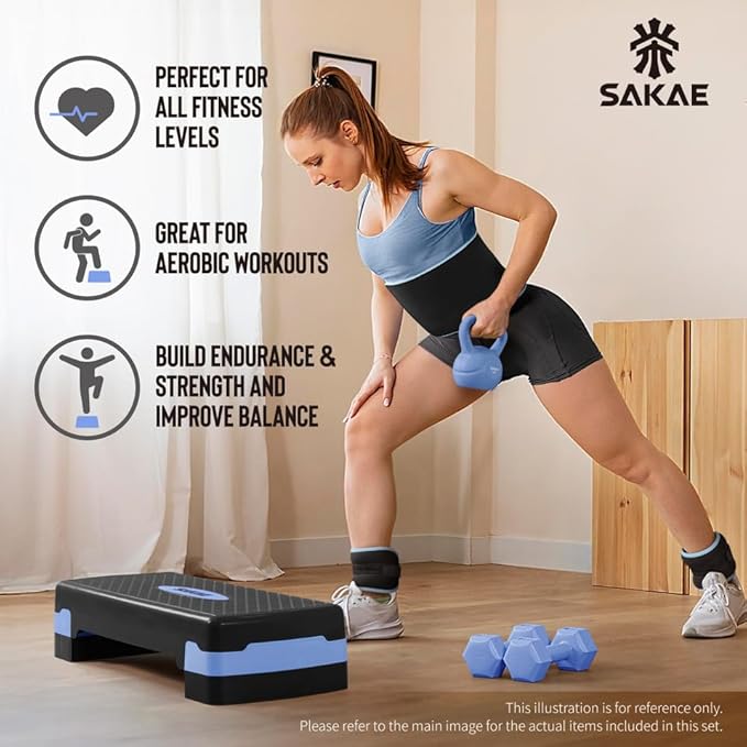 SAKAE Adjustable Aerobic Stepper Kit with Dumbbells & Kettlebell & Weightlifting Belt & Measuring Tape, 2 Level Risers Exercise Step Platform for Home Gym Exercise Fitness Workout, Multiple Colors
