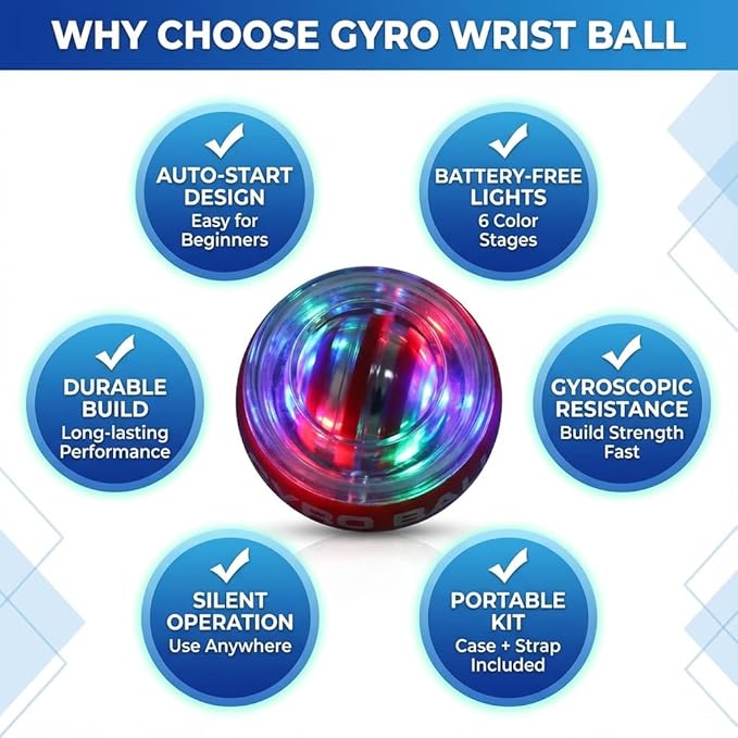 Wrist Ball, Gyro Ball Wrsit Exceciser, Battery-Free 6-Stage Color-Changing LED Gyro Ball, Torque Ball, Forearm & Grip Strength Trainer for Muscle Recovery, Stress Relief & Office Workers