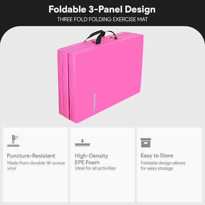 BalanceFrom 6x2 Feet 3-Panel Folding Gymnastics Mat – 2-Inch Thick Pad with Vinyl Surface and Carrying Handles for Tumbling, Yoga, Pilates, Home Workouts, and Martial Arts