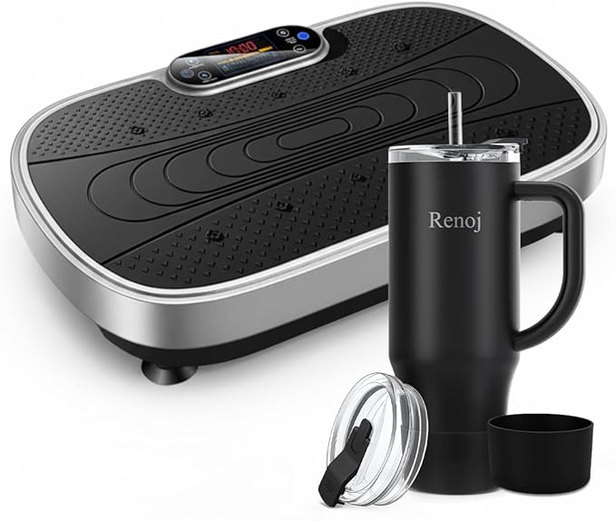 Vibration Plate Exercise Platform with Loop Bands + Renoj SnapShift 40oz Insulated Stainless Steel Tumbler (Black) – Full Body Workout & Recovery Set