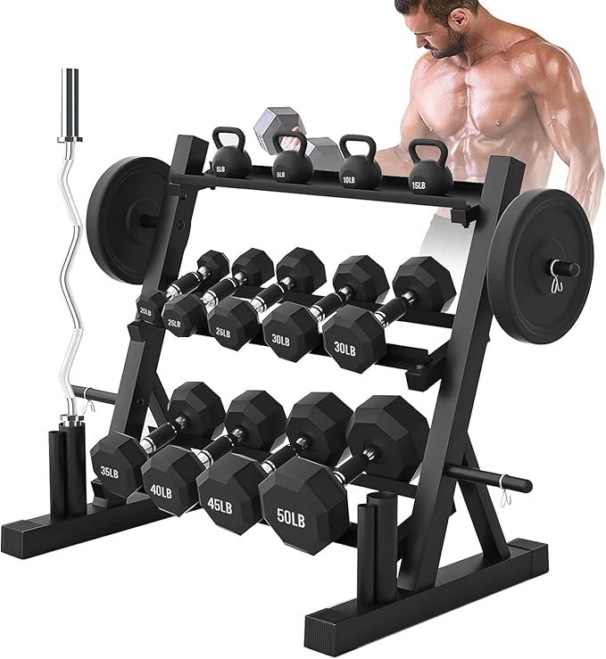 PROOFGOLD 1200LBS 3-Tier Dumbbell Rack, Adjustable Weight Rack Stand for Home Gym, Weight Holder for Free Weights Dumbbells/Weight Plates/Kettlebells/Barbells(Rack Only)