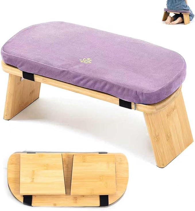Meditation Bench, Bamboo Meditation Stool, Folding Kneeling Meditation Bench, Seiza Prayer Bench, Prayer Bench with Meditation Cushion, Kneeling Stool (Purple)