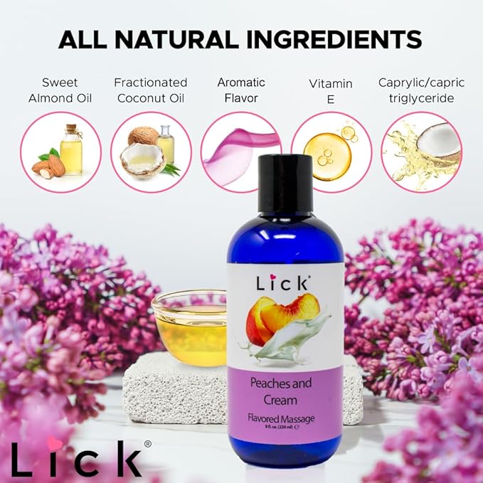 Lick Peaches and Cream Flavored Massage Oil – Sweet Dessert-Inspired Edible Massage Oil with Vitamin E, Smooth Body-Safe Glide for Couples Massage Nights, 8 oz