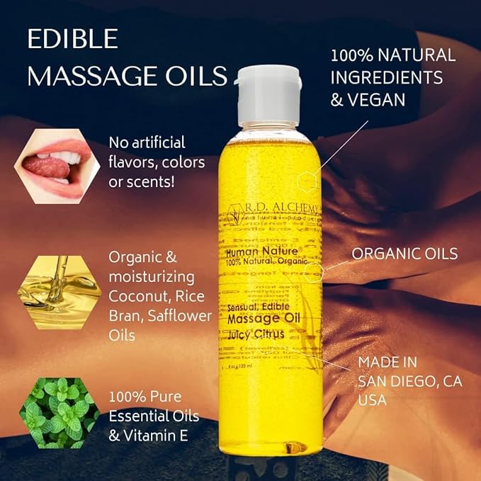 RD Alchemy - 100% Natural & Organic Edible Massage Oil 2-Piece Set - 4-Flavor Sample Pack + Body Massager. for Smooth, Sensual and Deep Tissue Massage.