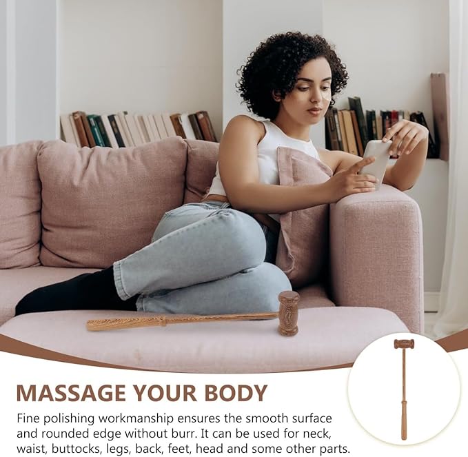 Back Massager Handheld Wooden Massage Hammer for Body Pain Relief Neck Shoulder Leg Feet Relaxation 15.74 Inch Long Handle Tool