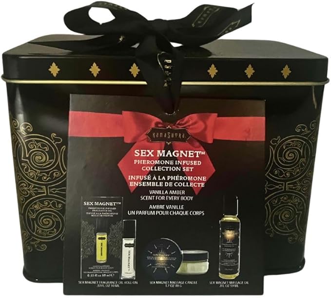 3 Piece Set Pheromone Infused Collection Set, Pheromone Infused Massage Oil - Unisex Vanilla Amber Scent Massage Oil Candle, Roller Ball, Complete Pheromone Collection Set in Gift Tin (Vanilla Amber)