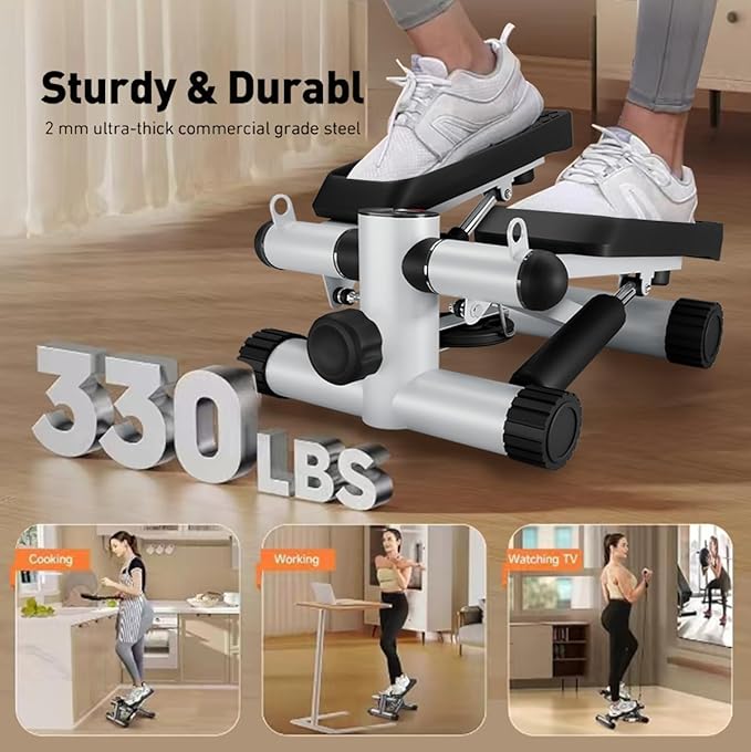 Steppers for Exercise, Stair Stepper with Resistance Bands, Mini Stepper with 330LBS Loading Capacity, Hydraulic Fitness Stepper with LCD Monitor,White
