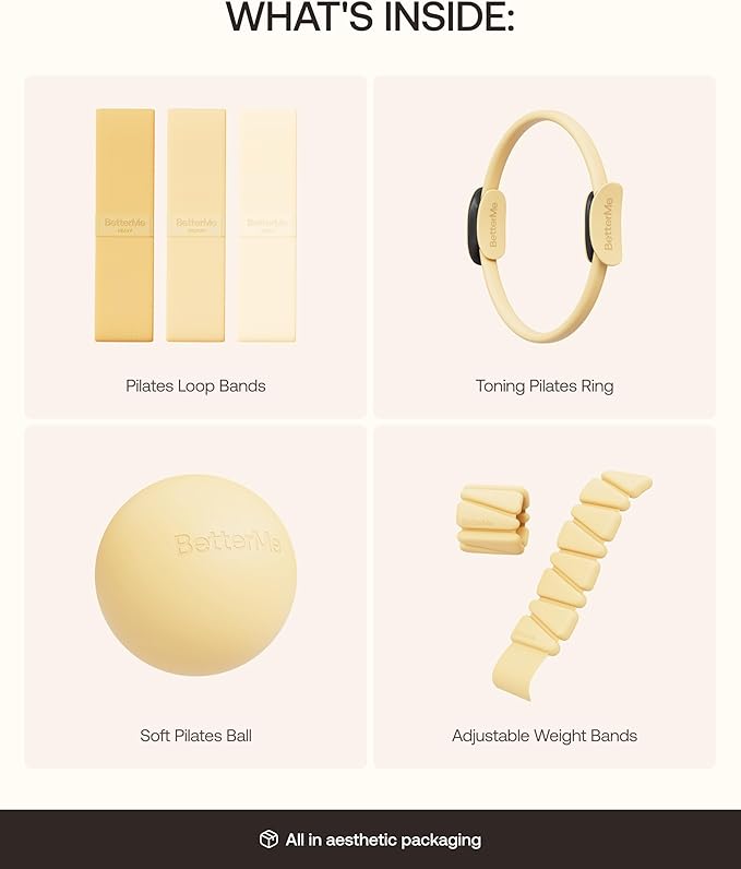 BetterMe Bubble Butt Kit – Pilates Ring, Weight Bands, Soft Ball & Loop Bands – Glute Training Pilates Kit for Women – Home Workout Pilates Equipment Set