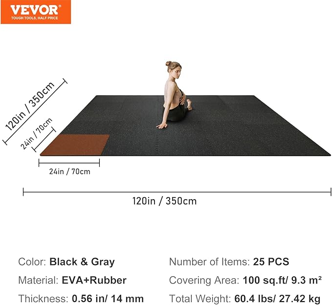 VEVOR 0.56Inch 100sq.ft 25 Tiles Gym Flooring for Home Gym, Rubber Top with High Density EVA Foam, 25 x 25In Gym Floor Exercise Equipment Mats, Interlocking Gym Mats, Puzzle Workout Mats, Black & Gray