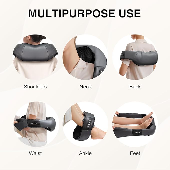 Nekteck Shiatsu Neck Massager with Heat for Pain Relief Deep Tissue, 2026 Upgraded 3D Back Shoulder Kneading Massage Pillow, Body Muscle Relaxation Tool Gifts for Him Her Mom Dad, Gray (NOT Cordless)