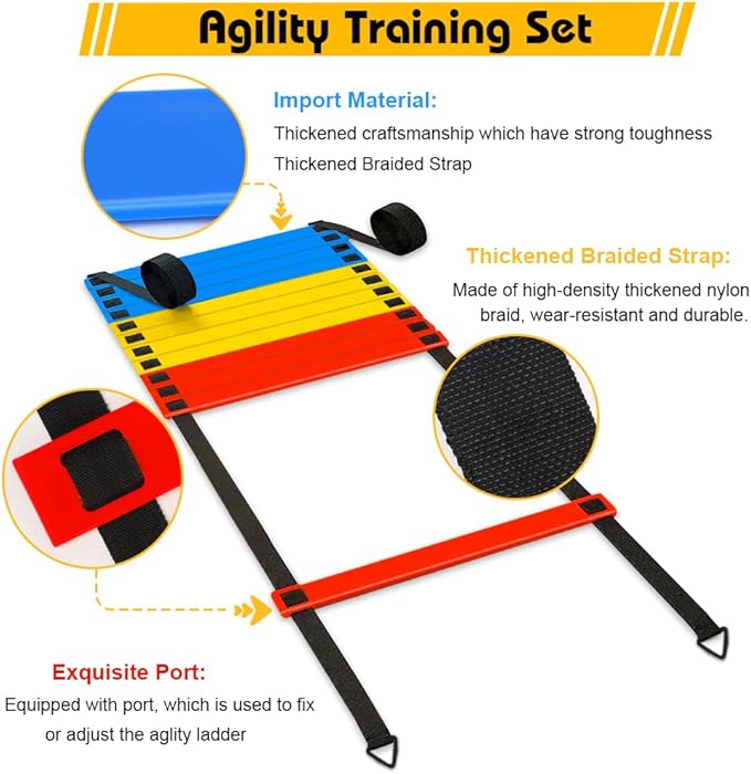 Soccer Speed Agility Training Set - 20FT Agility Ladder 12/16 Sports Cones and Soccer Kick Trainer Football Training Equipment Footwork Drills for Youth and Adults