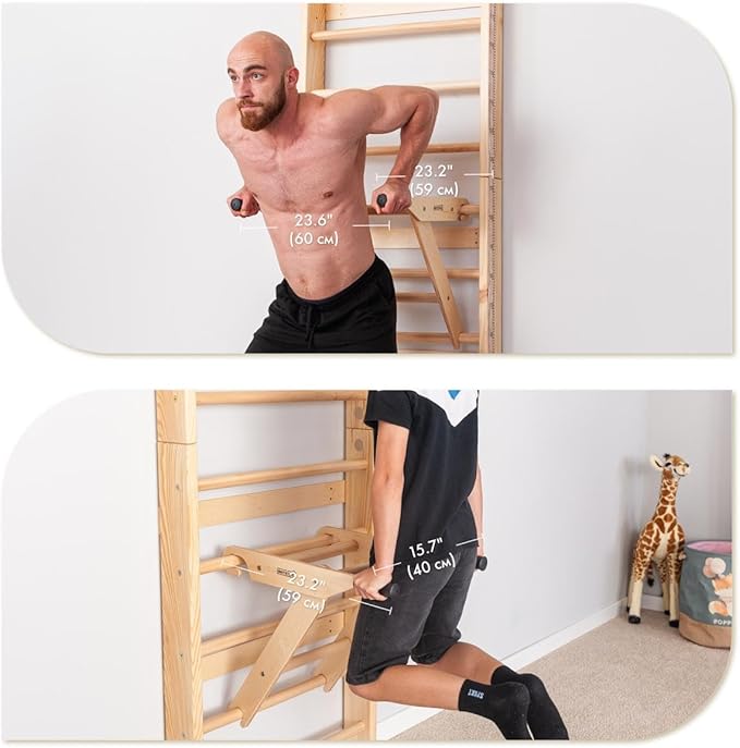 Swedish Ladder Wall Bars with Pull-Up Bar & Dip Station – Wooden Stall Bars, Multifunctional Home Gym Wall Ladder for Strength Training & Stretching