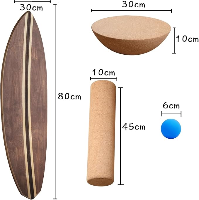 Maple Wood Balance Board with Roller and Half Ball Accessories - Dual-Mode Balance Trainer for Adults, Home Gym & Office Use, Surfboard Shape Design(31.5 x 11.8in)