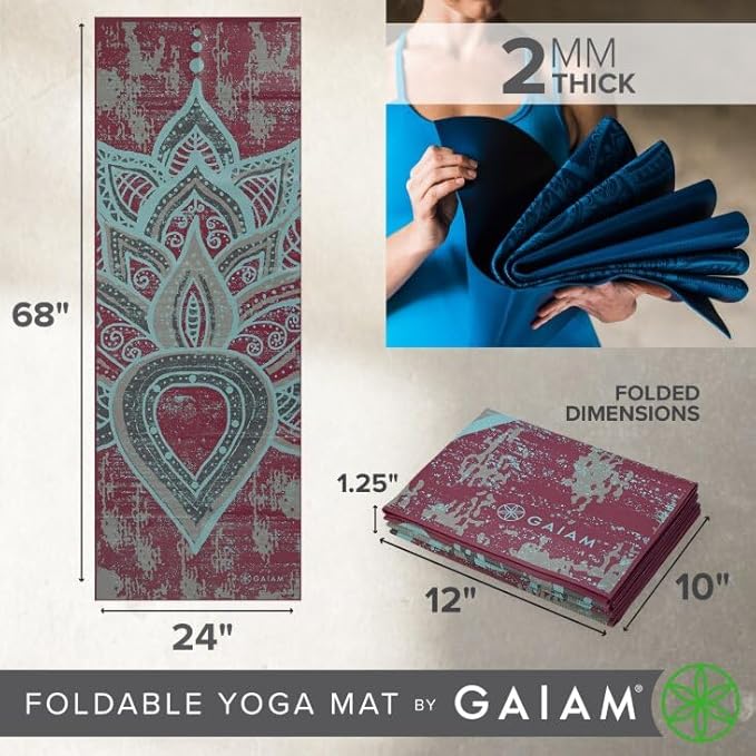 Gaiam Yoga Mat - Folding Travel Fitness & Exercise Mat - Foldable Yoga Mat for All Types of Yoga, Pilates & Floor Workouts (68"L x 24"W x 2mm Thick)