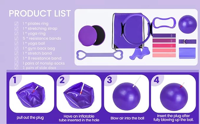 Pilates Kit for Women – Complete Pilates Equipment Set with Ring, Yoga Ball, Resistance Bands & Socks | 14 Pcs Pilates Kit for Toning & Flexibility | at Home Pilates Sets for Women (Purple)