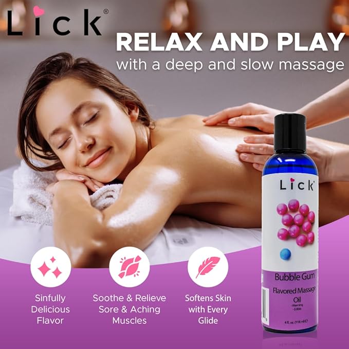 Lick Bubble Gum Flavored Massage Oil – Candy-Inspired Edible Massage Oil with Sweet Almond Oil & Vitamin E, Playful Smooth Glide for Couples Massage, 4 oz
