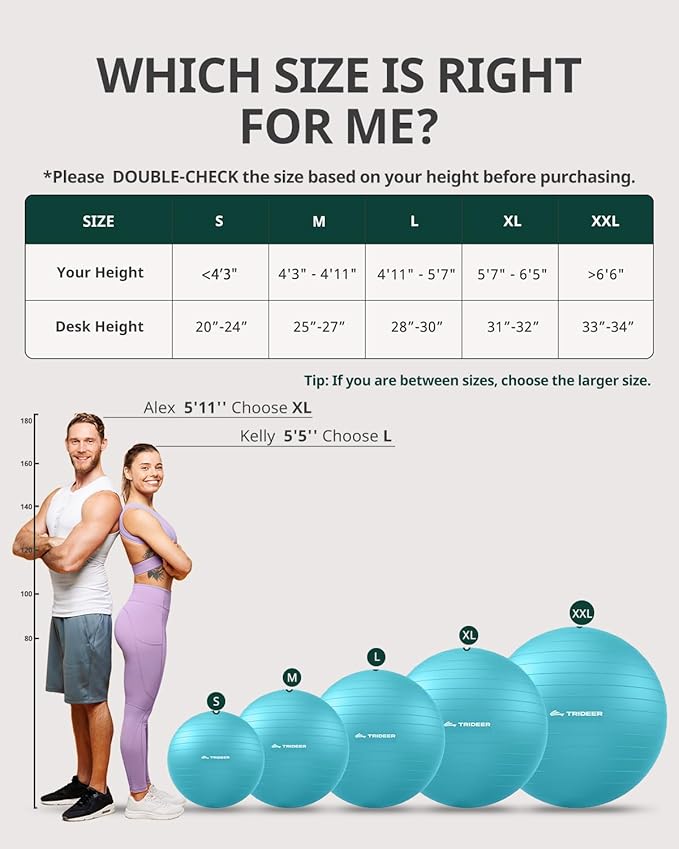 Trideer Exercise Ball for Yoga, Pilates & Fitness – Stability Ball Equipment for Home Gym & Office Chair, Core & Balance Training Accessories, Physical Therapy Equipment, Quick Pump Included, 5 Sizes