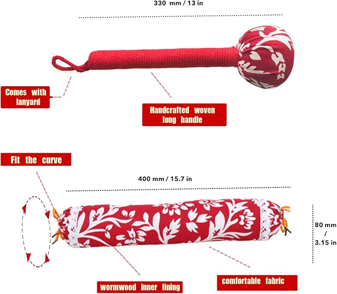 2pcs Manual Massage Tools,Manual Whole Body Wormwood Massage Hammer(12in)& Mugwort Pillow(15in), Lymphatic Drainage Tool,Back Knock Long Handheld Massage Stick for Back Pain Relief (Red)