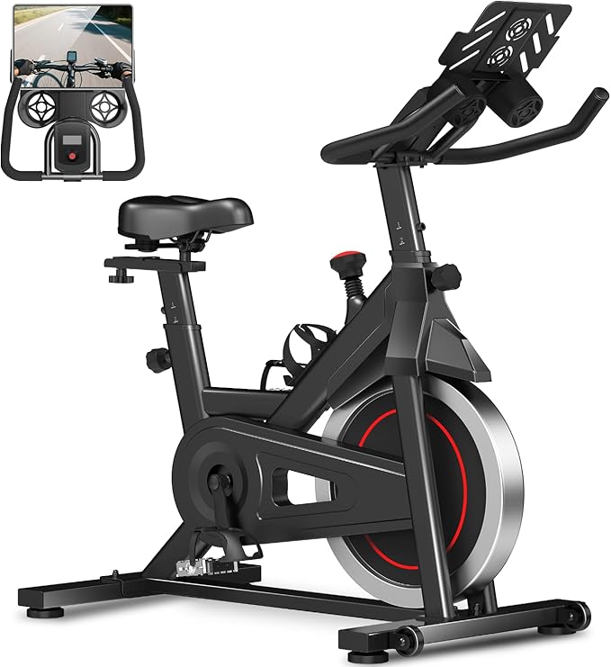 UMAY Exercise Bike, Brake Pad Stationary Bike with App Compatible, Adjustable Resistance Indoor Cycling Bike with 300 lb Weight Capacity, Low Noise Bike with Tablet Holder & Comfort Seat