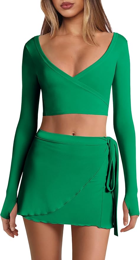 Nirovien Womens 2 Piece Workout Sets Sexy Pilates Outfits Athletic Gym Yoga Sets Ballet Wrap Top and Skirt