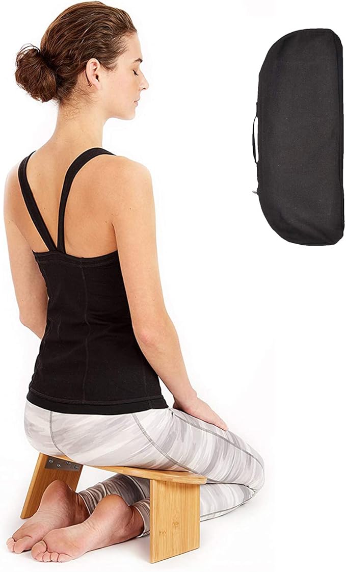 Portable Bamboo Ergonomic Folding Meditation Bench, Perfect Kneeling Stool Ergonomic Bamboo Yoga Bench for Extended Practice - Includes Carrying Bag