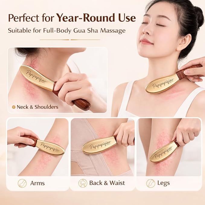 Copper Brass Gua Sha Muscle Scraper Tool with Wooden Handle – H62 Brass IASTM Soft Tissue Massage Tool for Fascia Release & Scar Tissue Relief – Deep Tissue Scraping Tool for Back & Body