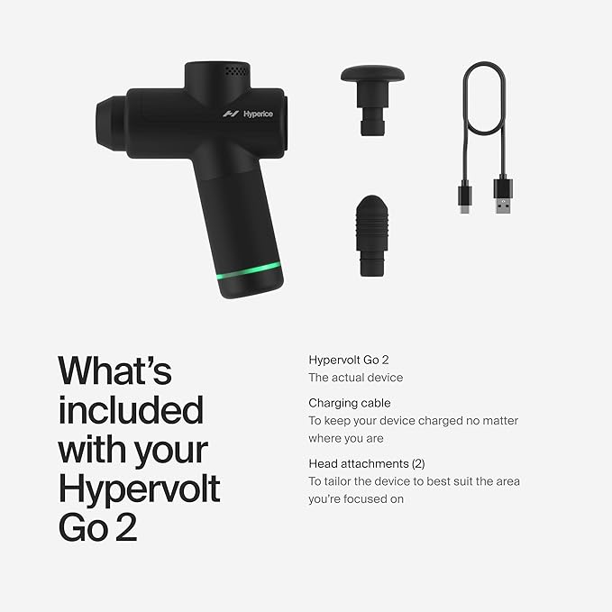 Hyperice Hypervolt Go 2 - Black - Featuring Quiet Glide Technology - Handheld Percussion Massage Gun - 3 Speeds, 2 Interchangeable Heads - Helps Relieve Sore Muscles and Stiffness