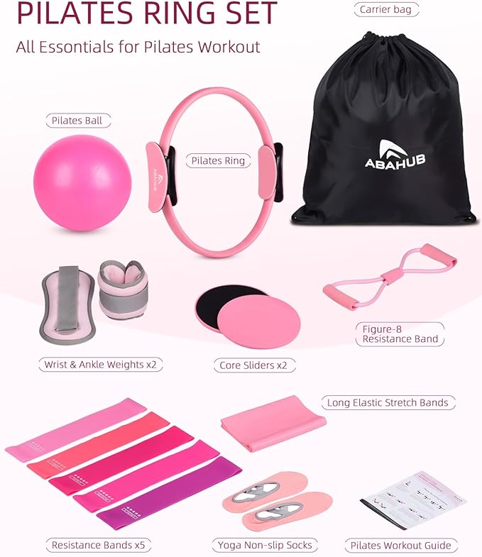 Abahub Pilates Ring Set, Home Workout Pilates Equipment, 14”Magic Circle, Yoga Ball, Resistance Bands, Sliding Disks, Socks, Fascial Ball, Workout Guide & Bag, Blue Set