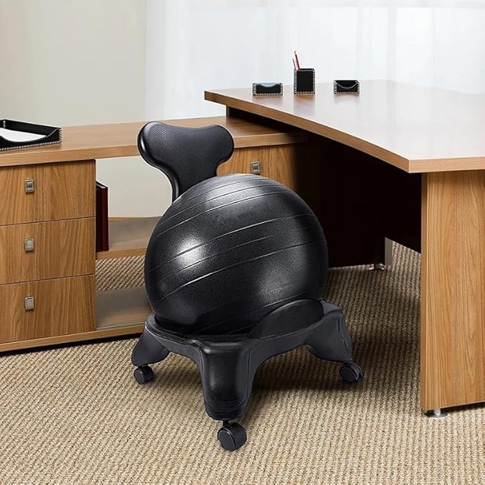 Ergonomic Office Chair Exercise Ball, Black Yoga Ball & Base Kit, 21.6inch Stability Ball Chair for Prolonged Sitting/Restless Legs Relief Adults, Fitness Ball Rolling Stool