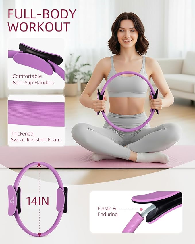 Abahub Pilates Ring Set, Home Workout Pilates Equipment, 14”Magic Circle, Yoga Ball, Resistance Bands, Sliding Disks, Socks, Fascial Ball, Workout Guide & Bag, Blue Set