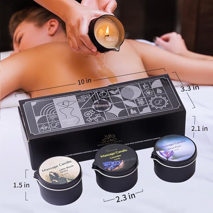 Massage Oil Candle 3 Pack, Amazing Gift Set, Warming Skin Moisturizing Body Lotion Oil, Soy Wax Low Temp Scented Candle 6.9 OZ (Lavender,Little Black Dress,Satan Knee)
