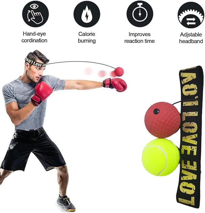 Boxing Reflex Ball with Headband Set, Reflex Ball with String, Boxing Reaction Training Equipment, Rubber red ball &Yellow tennis ball, Elasticated headband, for Beginner &Advanced Boxer Practice