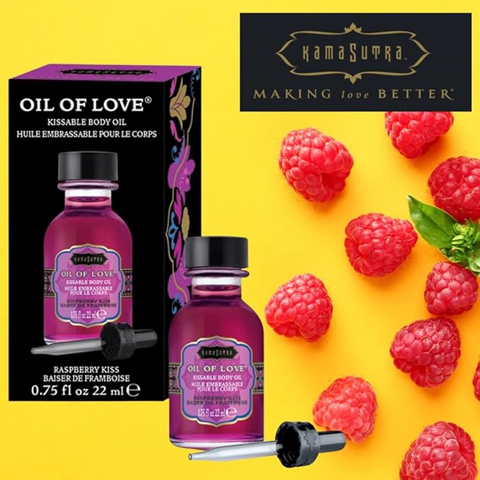 KAMA SUTRA Oil of Love Raspberry Kiss - .75 fl oz - Kissable Warming Body Topping for Oral Foreplay Fun, Delicious Lickable Flavor for Couples, Women, and Men. Water-Based.