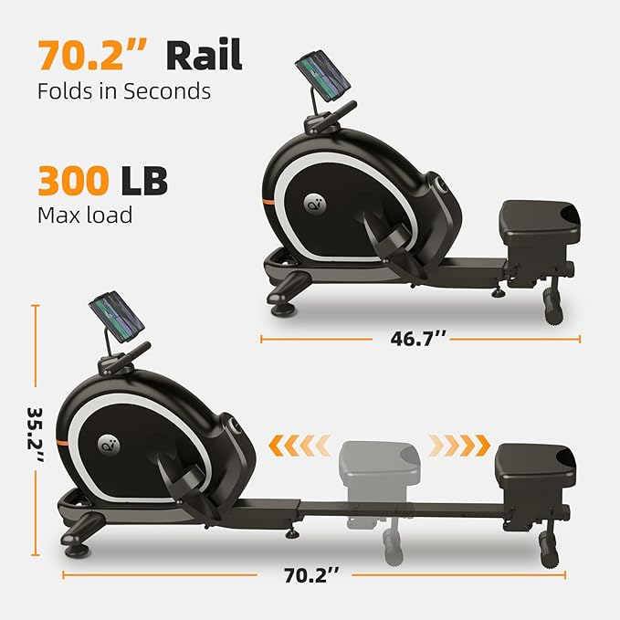 Magnetic Rowing Machine for Home, Compact Smart Rower with One-Touch Fold, 16 Levels Quiet Resistance, Bluetooth Heart Rate, 300LB Capacity, Self-Powered Design for Small Spaces
