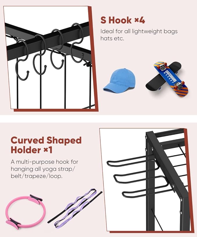 3 Tiers Dumbbells Yoga Mat Storage Rack with Elastic Straps for Kettlebells Foam Roller Resistance Bands Balls, Workout Equipment Organizer Weight Storage Holder with Hooks for Home Gym