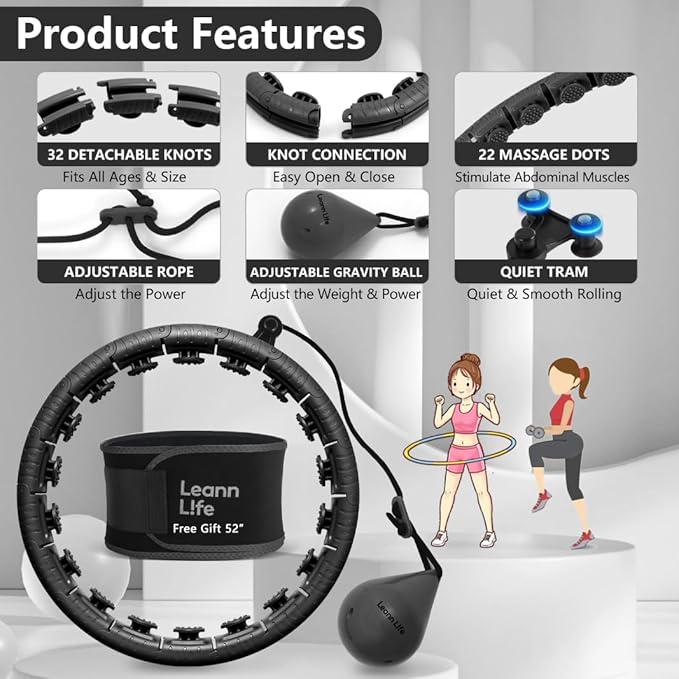 U2 Black-32 Knots 19”- 65”, Detachable & Size Adjustable Weighted Hula Hoop for Kids Adults Weight Loss, Infinity Hoop Plus Size, Abdominal Toner,5 Color Balls, Free Waist Trimmer&Wash Bag