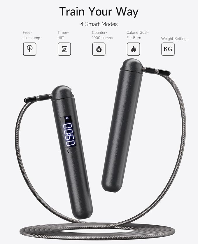 Smart Jump Rope | Accurate Calorie Tracking & 4 Training Modes | Adjustable Steel Wire Rope | Built-in High-Speed Bearings | Type-C Charging | Ideal for Fat Burning, Speed Training & Home Workouts