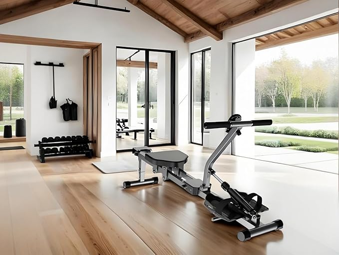 Rowing Machines for Home Foldable,Indoor Fitness Hydraulic Rowing Machine,300LBS Weight Capacity with 12 Levels of Adjustable Resistance,LCD Display for Real-time Recording,Dual Tracks for Quieter