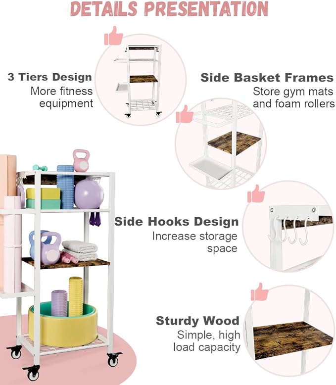 Yoga Mat Storage Rack with Wheels, 3 Tier Home Gym Workout Equipment Organizer for Dumbbells, Kettlebells, Foam Rollers