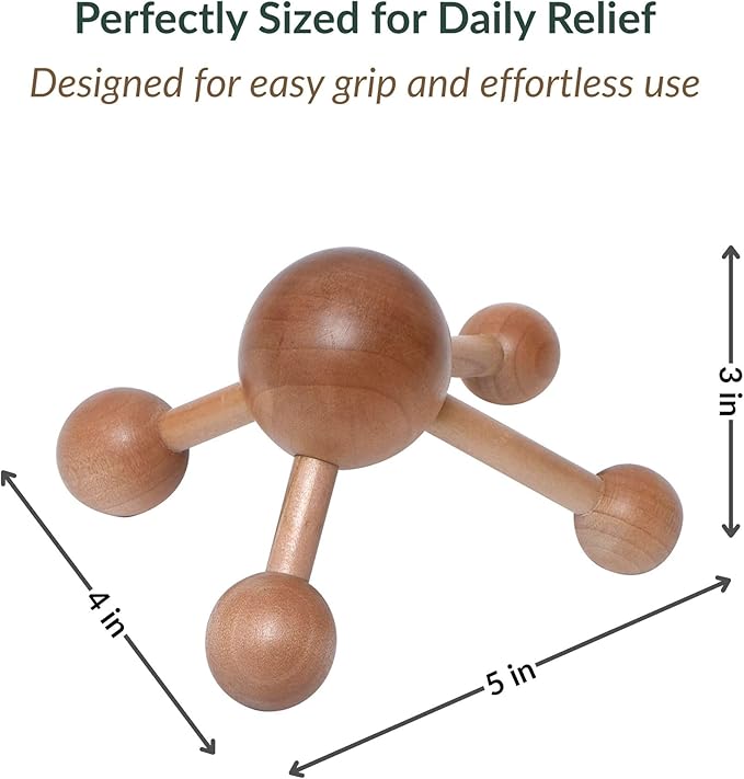 Natural Wood Handheld Massager - Relaxing Muscle Relief, Revitalizing Scrubbing Roller - Soothing Back & Body Therapy Tool - Bodycare Hand Spider - Mr Happy Wooden Ball Massager