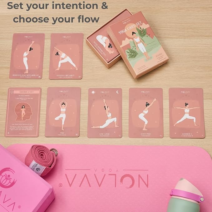 NOLAVA Yoga Card Gift Set – Large 4"x6" Yoga Cards with 30 Poses, 10 Intentions, Sun/Moon Flows & Guided Meditation – Sweat-Proof, Wipe-Clean Deck with English + Sanskrit – Perfect Yoga Gift for Women