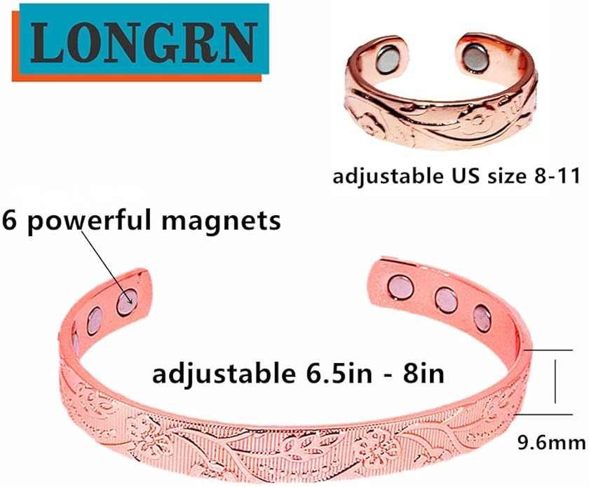 LONGRN-Pure Copper Magnetic Bracelet & Ring Adjustable Size for Women