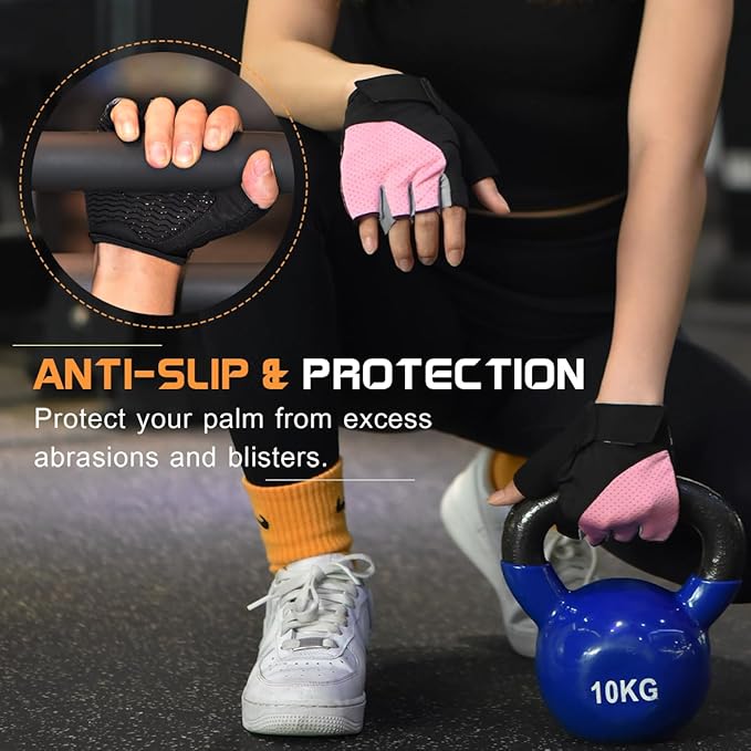 Workout Gloves for Women - Breathable Weight Lifting Gloves with Non-Slip Silicone Padding, Fingerless Gym Gloves for Cycling, Rowing, Pull Ups & Training (4 Sizes)
