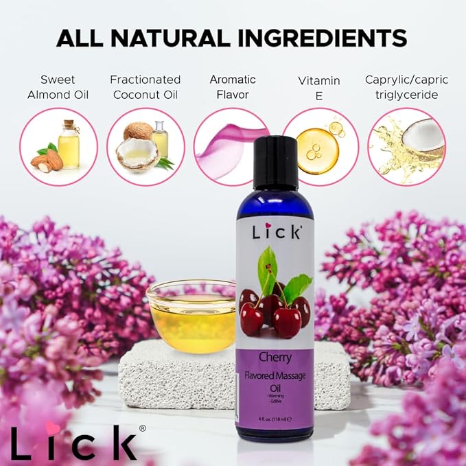 Lick Cherry Flavored Massage Oil – Bold Fruit Edible Massage Oil with Vitamin E, Rich Smooth Body-Safe Glide for Romantic Couples Massage Experiences, 4 oz